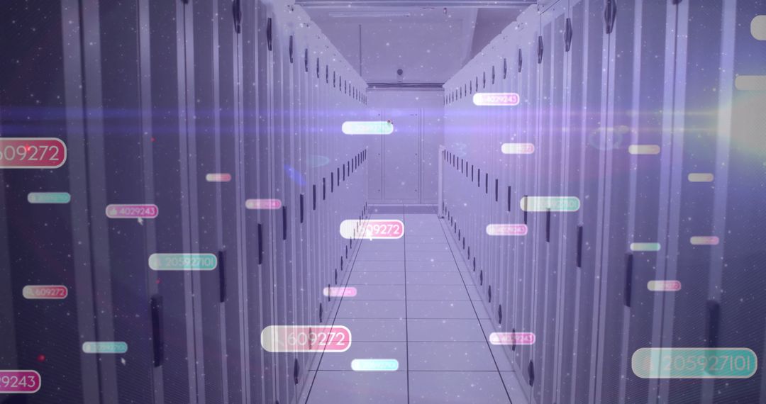 Futuristic Server Room with Digital Data Metrics Floating in Space