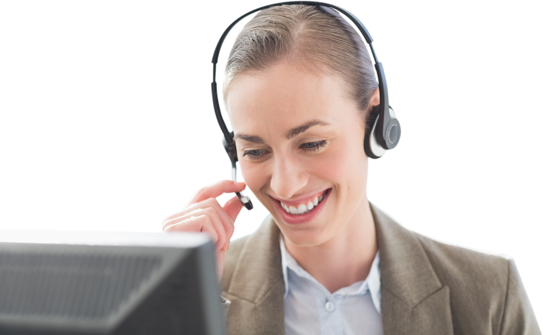 Transparent Businesswoman Smiling with Headset in Professional Environment - Download Free Stock Images Pikwizard.com