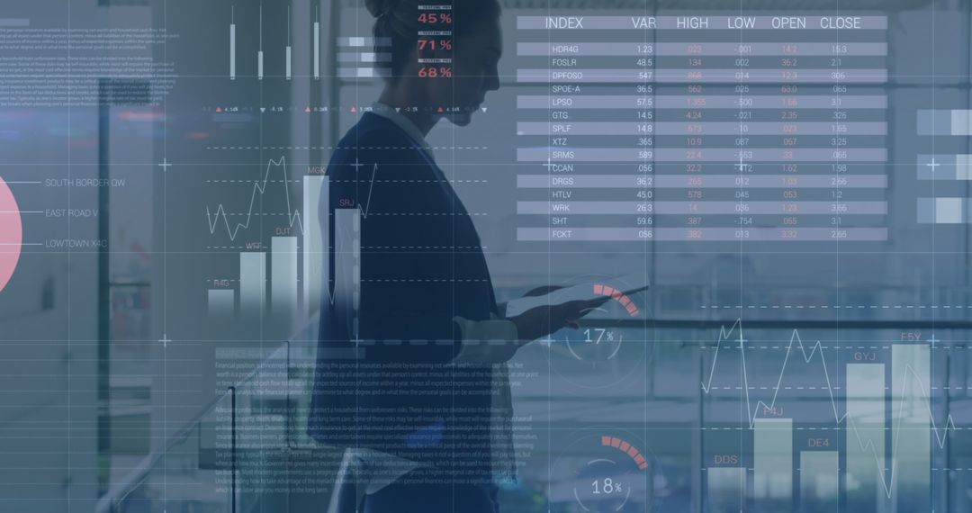 Businesswoman Analyzing Financial Data on Tablet with Futuristic Graphs