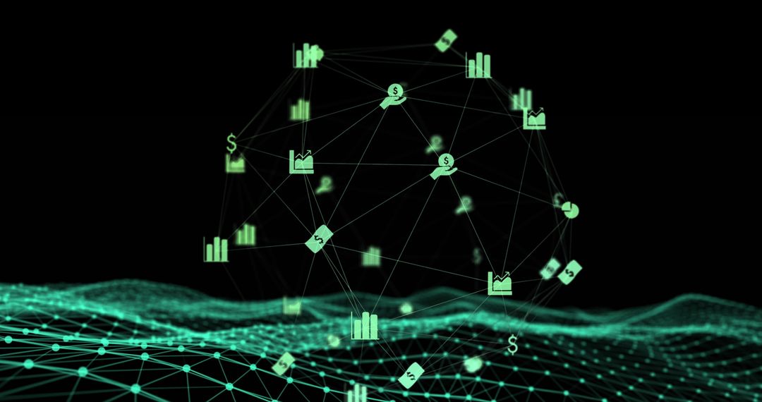 Glowing Digital Finance Network on Luminous Wave Background