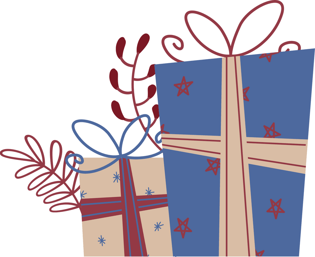 Floating Gift Boxes with Ribbons and Decorative Sprigs on Transparent Background