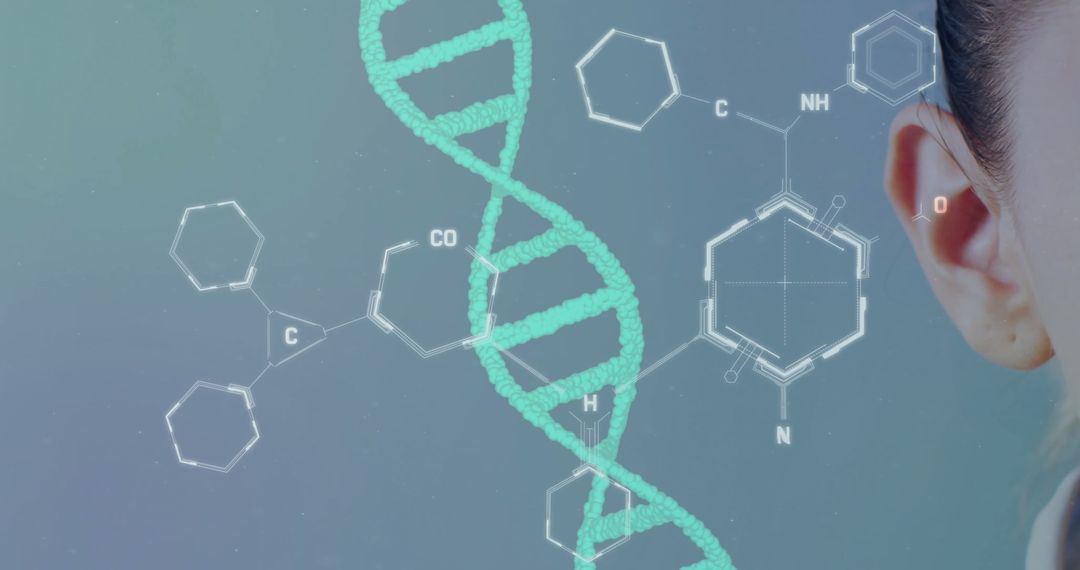 DNA Strand Overlay on Female Scientist Illustrating Genetic Research