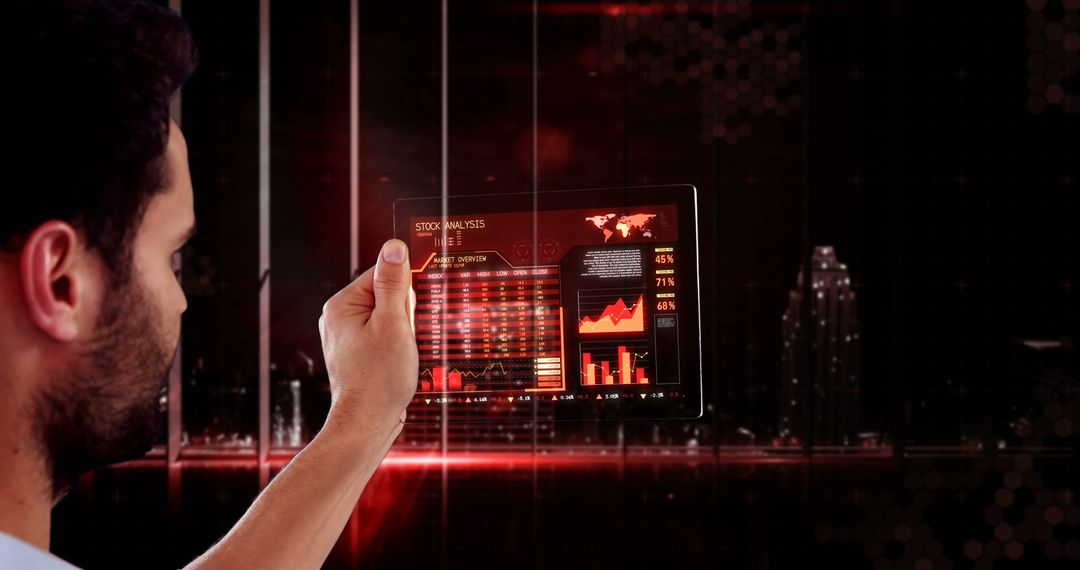 Man Using Futuristic Digital Tablet with Holographic Interface