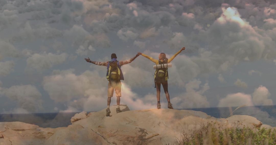 Adventurous Couple Hiking with Ocean View at Coastal Ridge