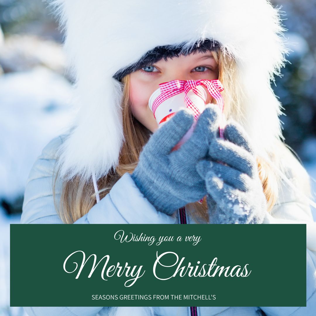 Woman Enjoying Hot Beverage in Snowy Winter Wonderland