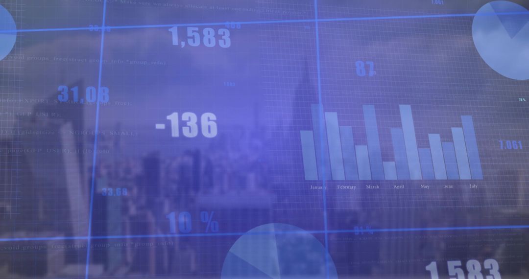 Digital Analytics Overlay with City Skyline and Financial Data Visualization
