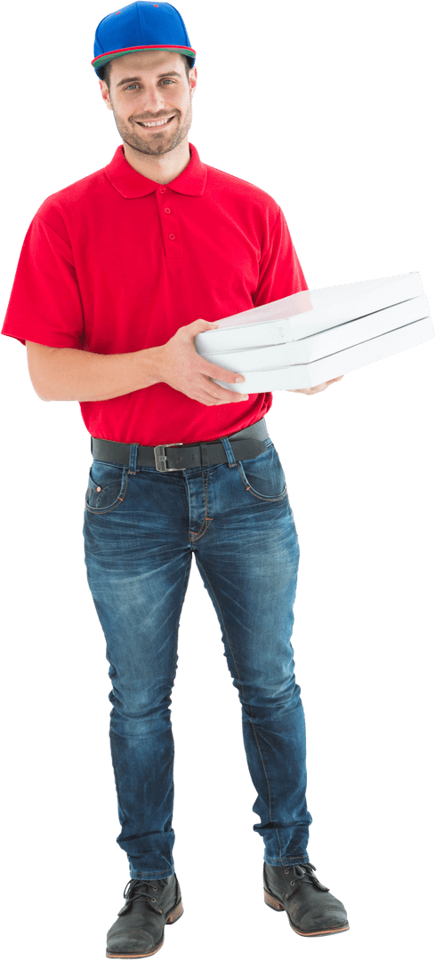Transparent Delivery Person Holding Pizza Boxes in Casual Uniform