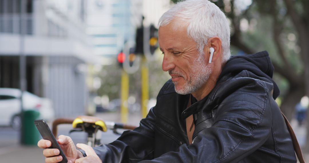 Older Man Using Smartphone Outdoors with Earbuds - Free Images, Stock Photos and Pictures on Pikwizard.com