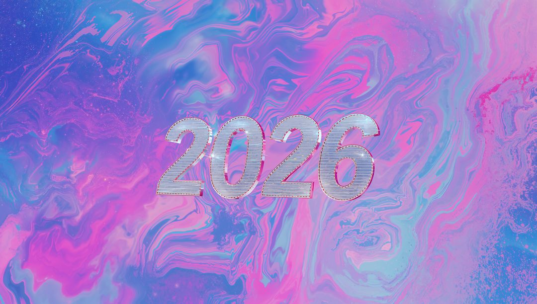 Metallic 2026 Numerals on Pastel Marble Swirl Background with Stitched Rivet Detail