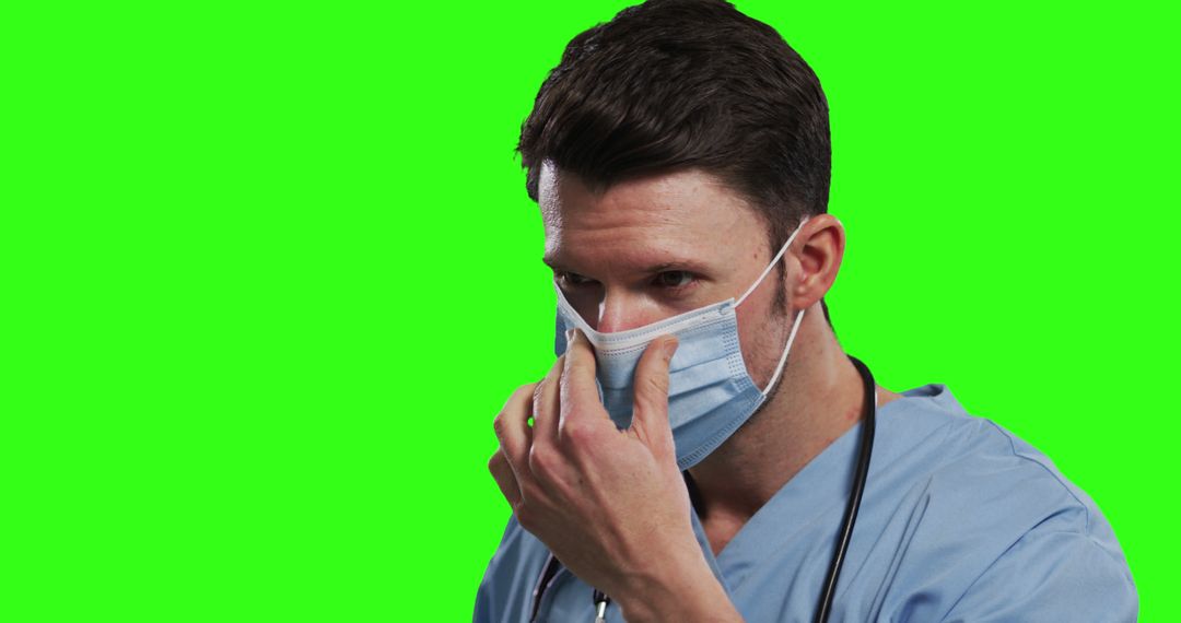 Male Doctor Adjusting Face Mask Isolated Against Green Background - Free Images, Stock Photos and Pictures on Pikwizard.com