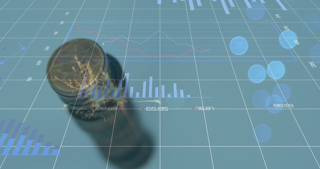 Stack of Coins Overlaid with Financial Graphs and Data