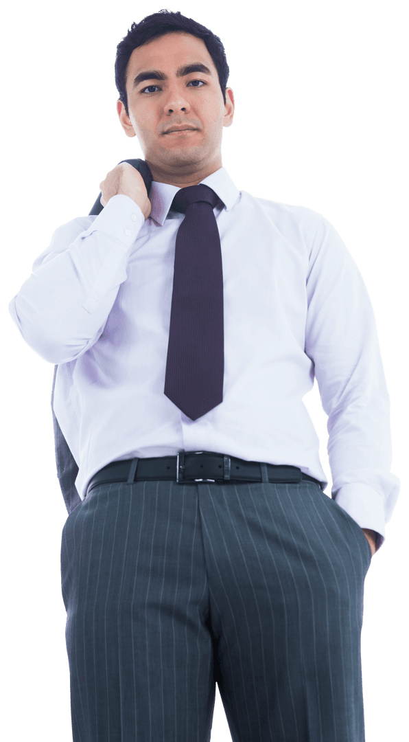 Serious Businessman Holding Coat Over Shoulder on Transparent Background