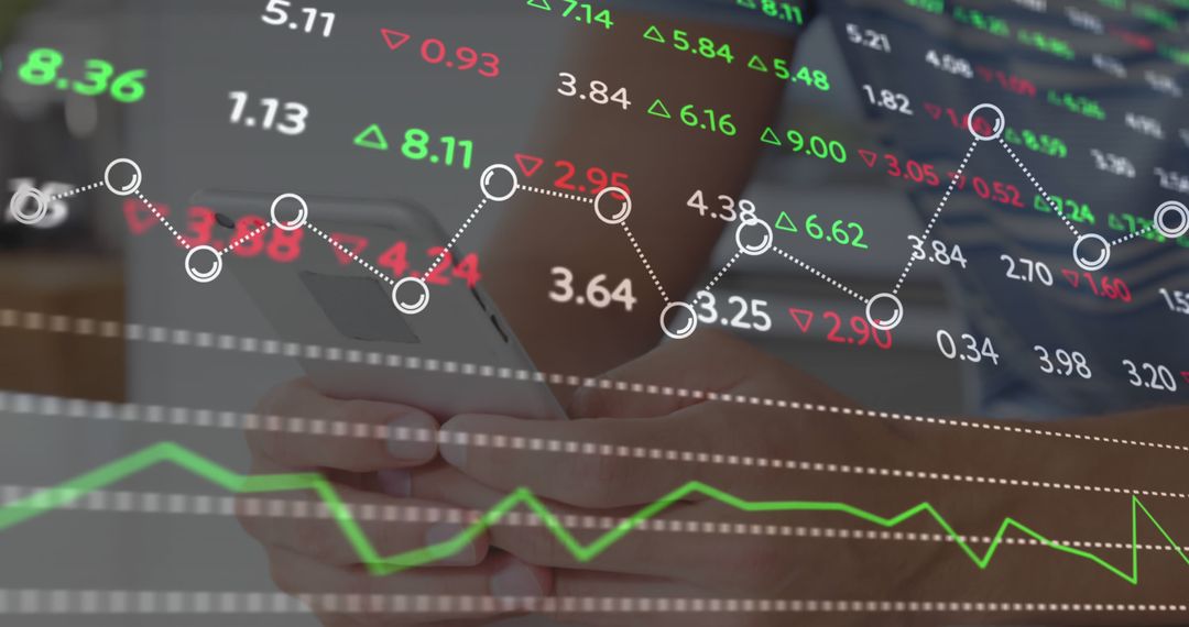 Hands holding phone with overlay of financial stock market charts - Free Images, Stock Photos and Pictures on Pikwizard.com