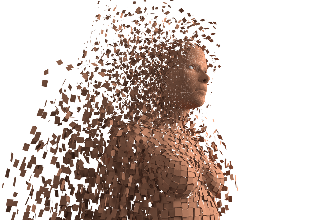 Transparent Pixelated 3D Woman Disintegrating into Cubes
