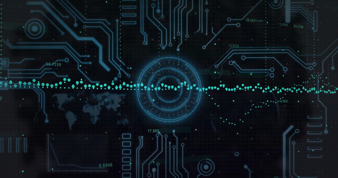 Digital Financial Data on Circuit Board with Global Map and Analysis