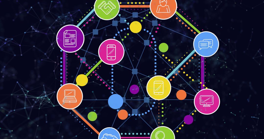 Global Networking with Digital Tech Icons in Connective Grid