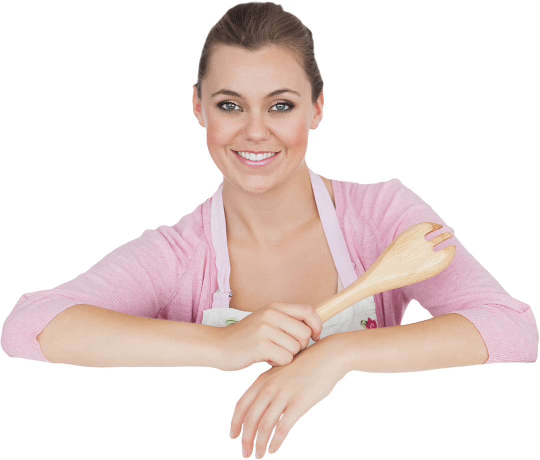 Smiling Woman Holding Wooden Utensil on Transparent Background