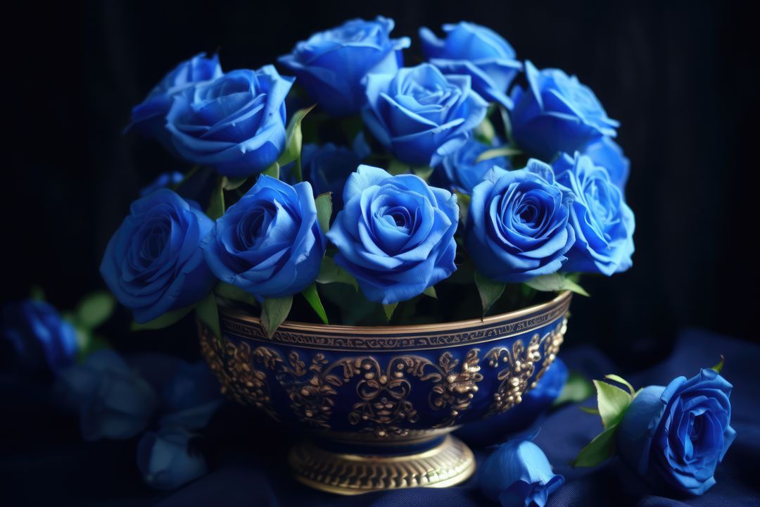 A bouquet of vibrant blue roses sits in an ornate golden bowl - Free Images, Stock Photos and Pictures on Pikwizard.com