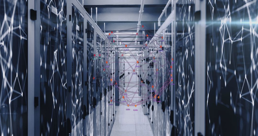 Futuristic Server Room with Digital Network Visualization