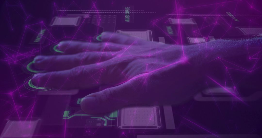 Male Hand Pressing Futuristic Biometric Palm Sensor Console Neon Holographic Interface