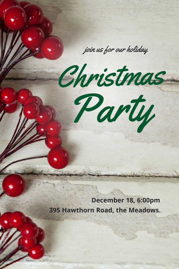 Holiday Christmas Party Invitation with Red Berries and Wooden Background