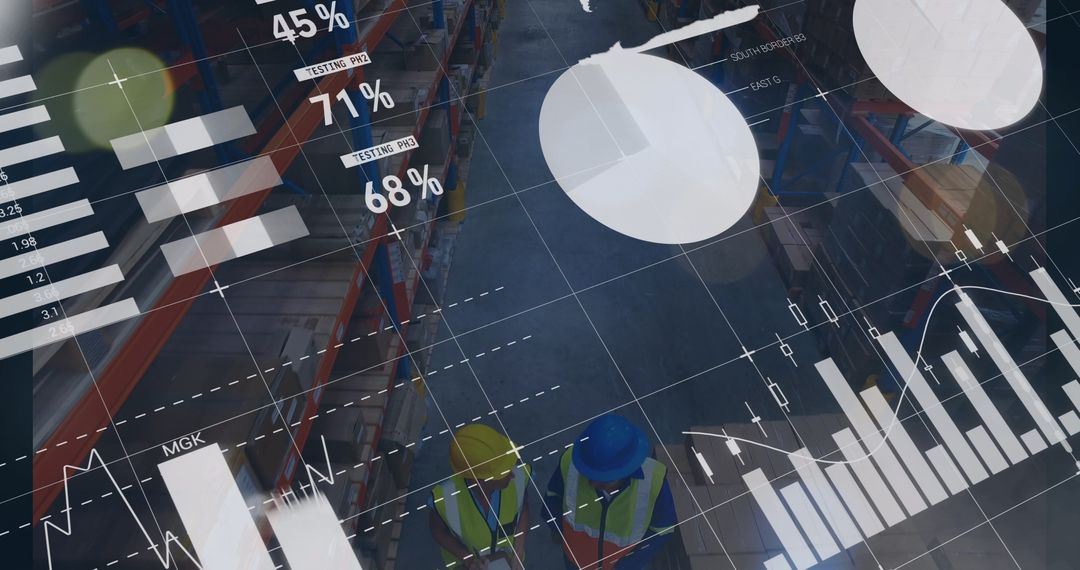 Warehouse Workers Analyzing Financial Data with Overlaid Graphs