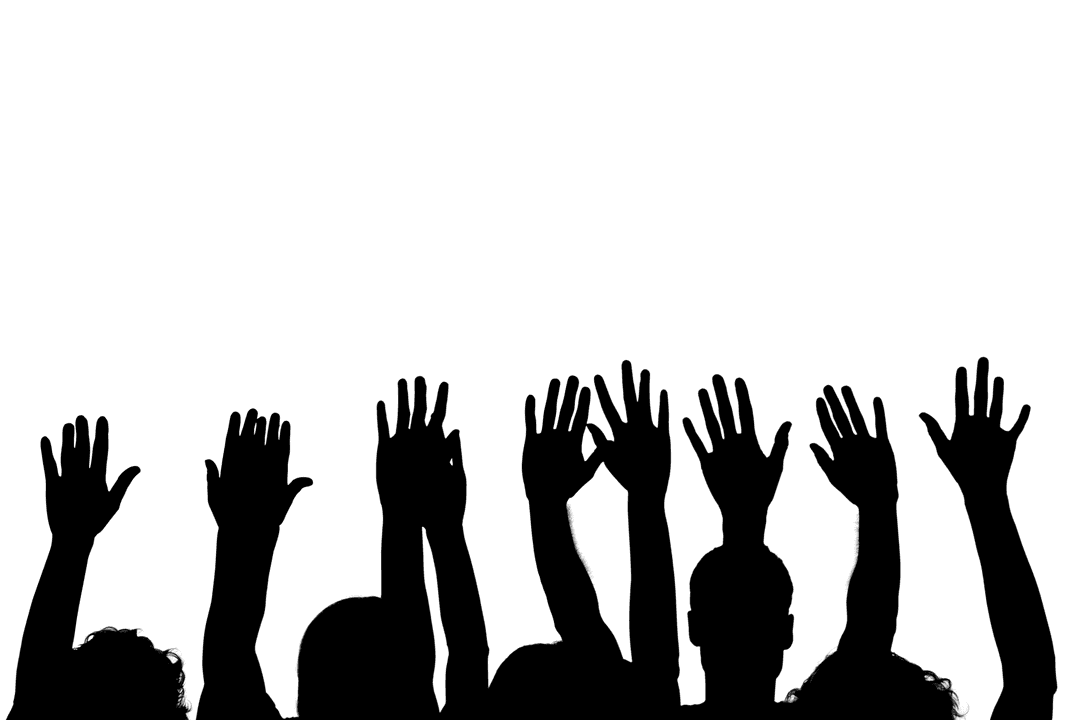 Transparent Silhouettes of People with Raised Hands in Motion