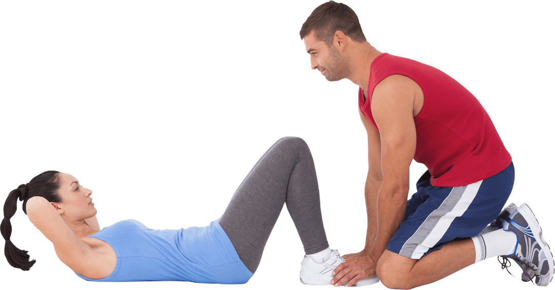 Transparent trainer helping woman with sit ups at gym