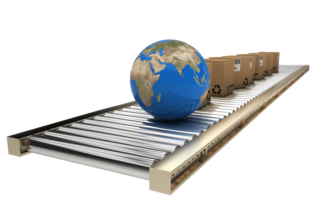 Global Logistics Concept: Transparent Conveyor with World Globe