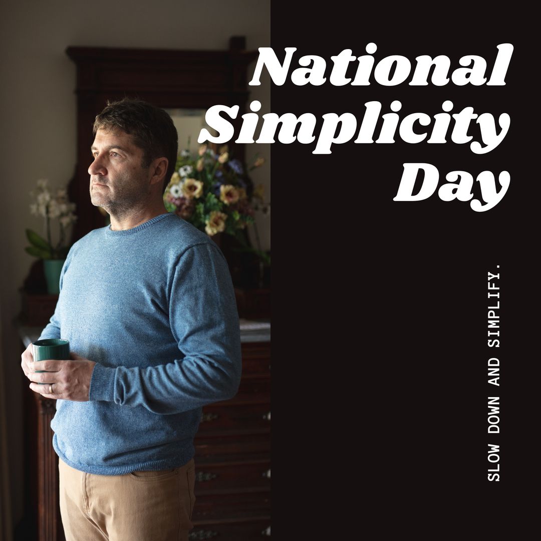 Reflective Man Holding Coffee Highlighting National Simplicity Day