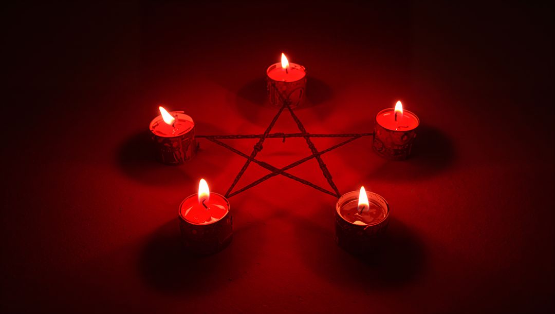 Tealight Candles in Pentagram Shape on Dark Tabletop