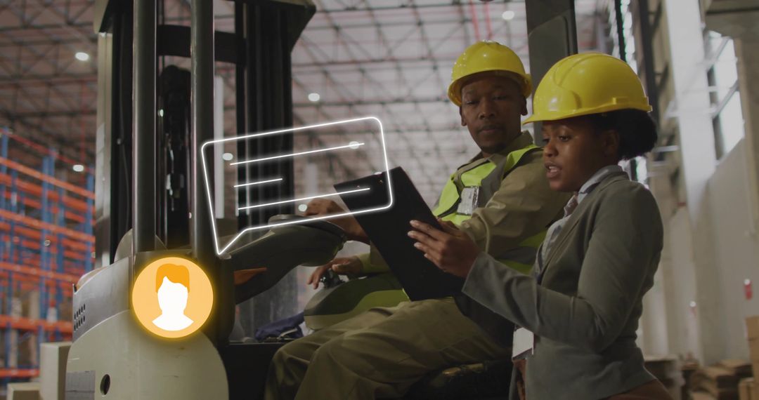 Warehouse Manager Reviewing Logistics on Tablet with Forklift Operator Wearing Hard Hats