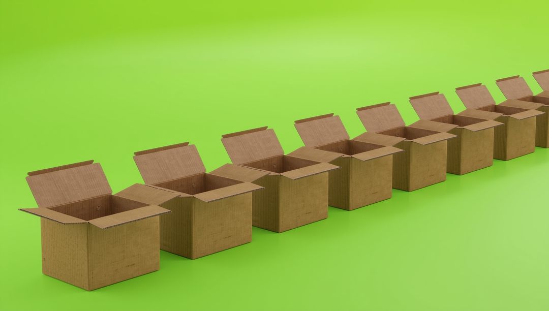Open Cardboard Boxes in Diagonal Formation on Green Background