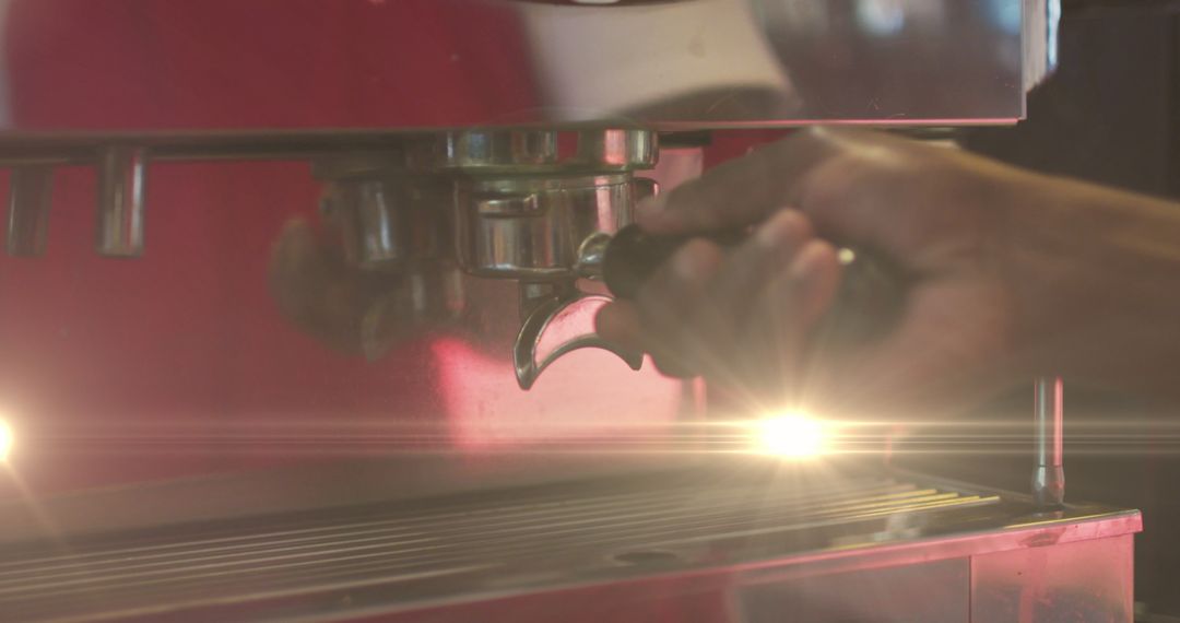Making Espresso with Professional Coffee Machine in Glowing Light