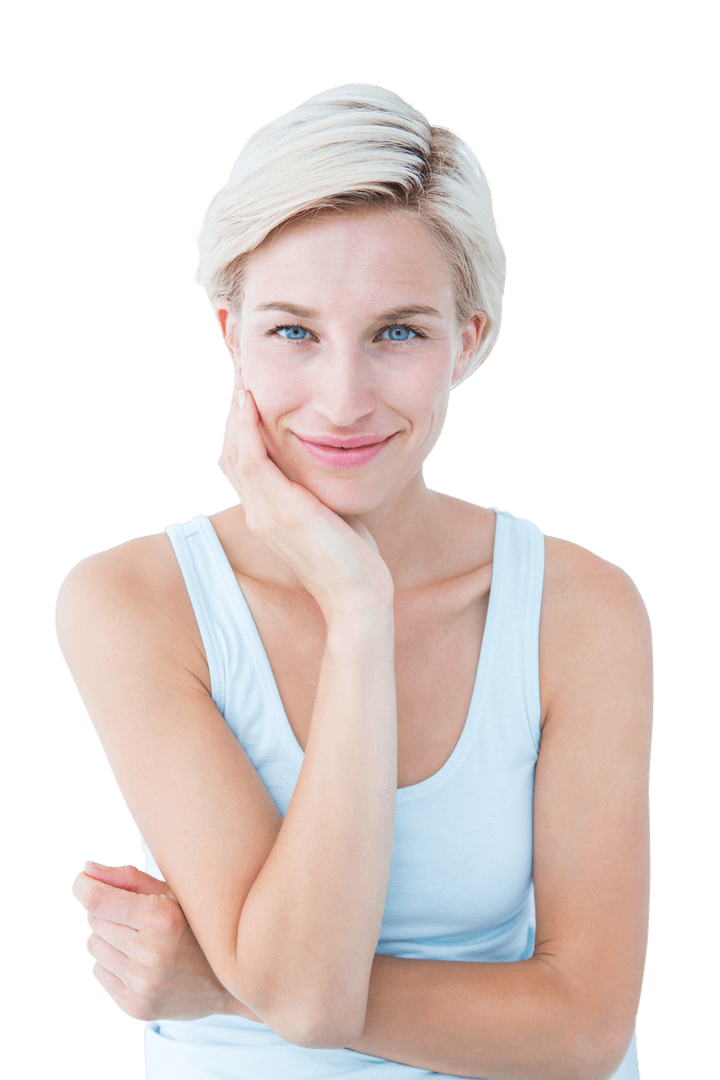 Confident Blonde Woman Smiling with Hand on Cheek Transparent