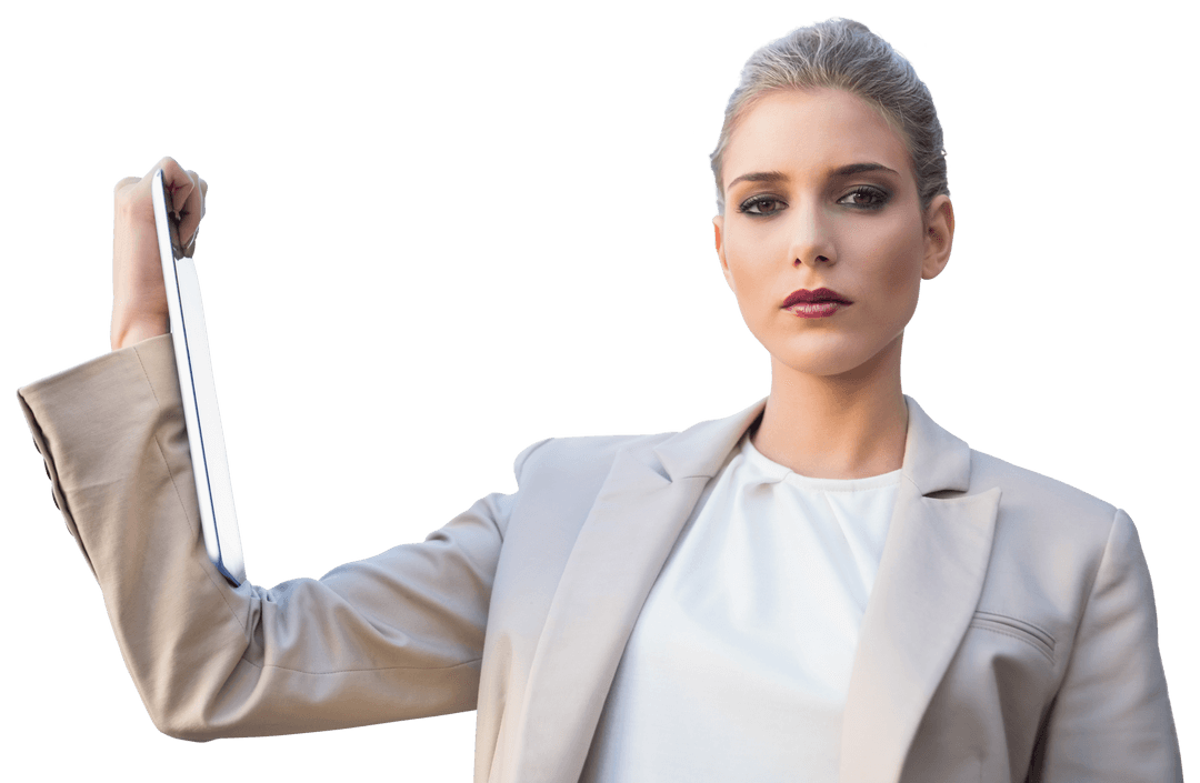 Confident Businesswoman with Transparent Tablet Background