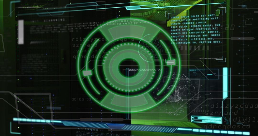 Futuristic Data Interface with Green Circle and Server Elements
