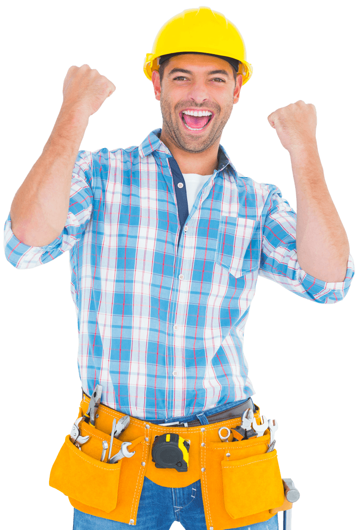 Excited Worker in Helmet with Transparent Background