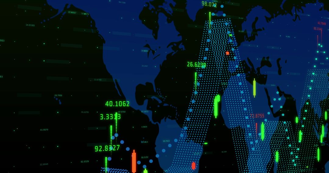 Global Financial Data on World Map with Digital Graphics