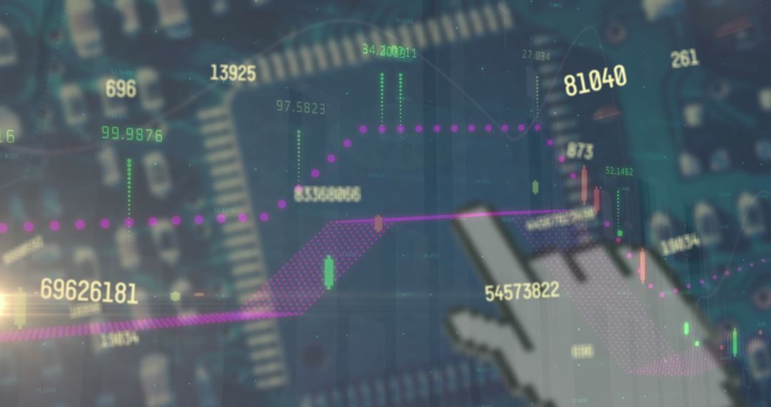 Digital Stock Data Overlay on Circuit Board Symbolizing Tech-Finance Sync