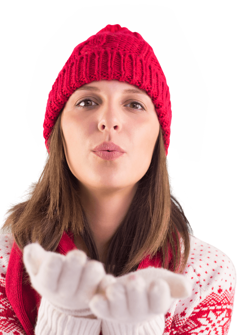 Woman in Red Knit Hat Blowing Kiss Transparent Background