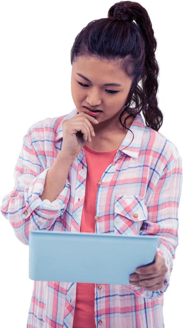 Thoughtful Asian Woman Holding Tablet on Transparent Background