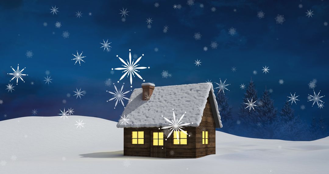 Snow-Covered Wooden Cabin with Falling Snowflakes Under Night Sky - Free Images, Stock Photos and Pictures on Pikwizard.com