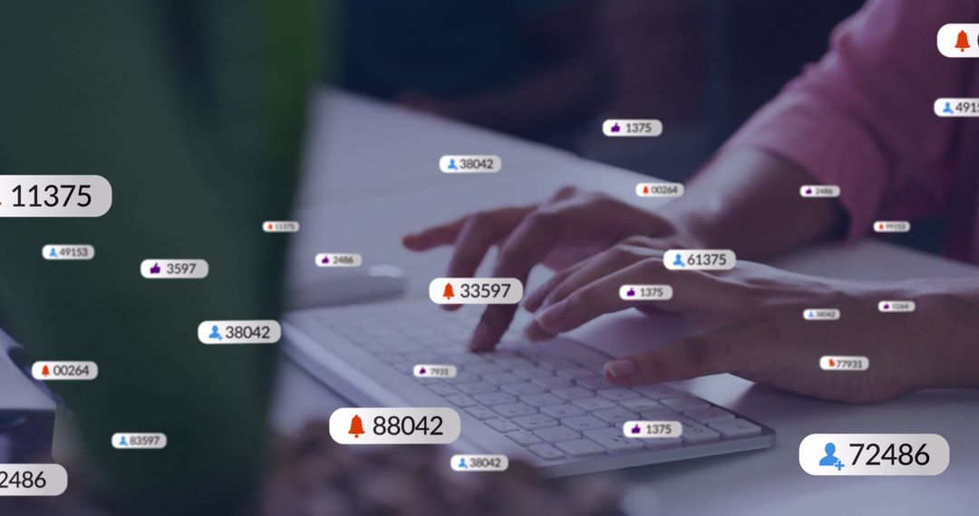 Diverse Professional Typing Amidst Social Media Notifications Overlay