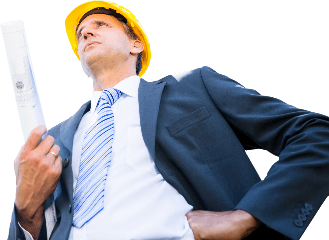 Low Angle Engineer in Suit Holding Blueprint with Transparent Background