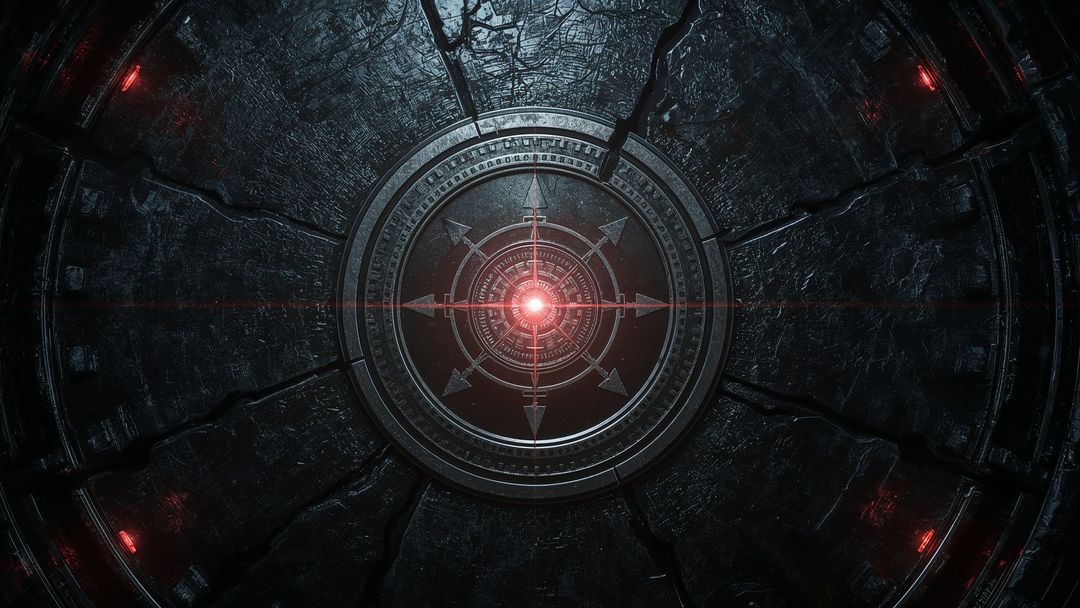 Glowing Metal Device in Futuristic Control Room with Red Light