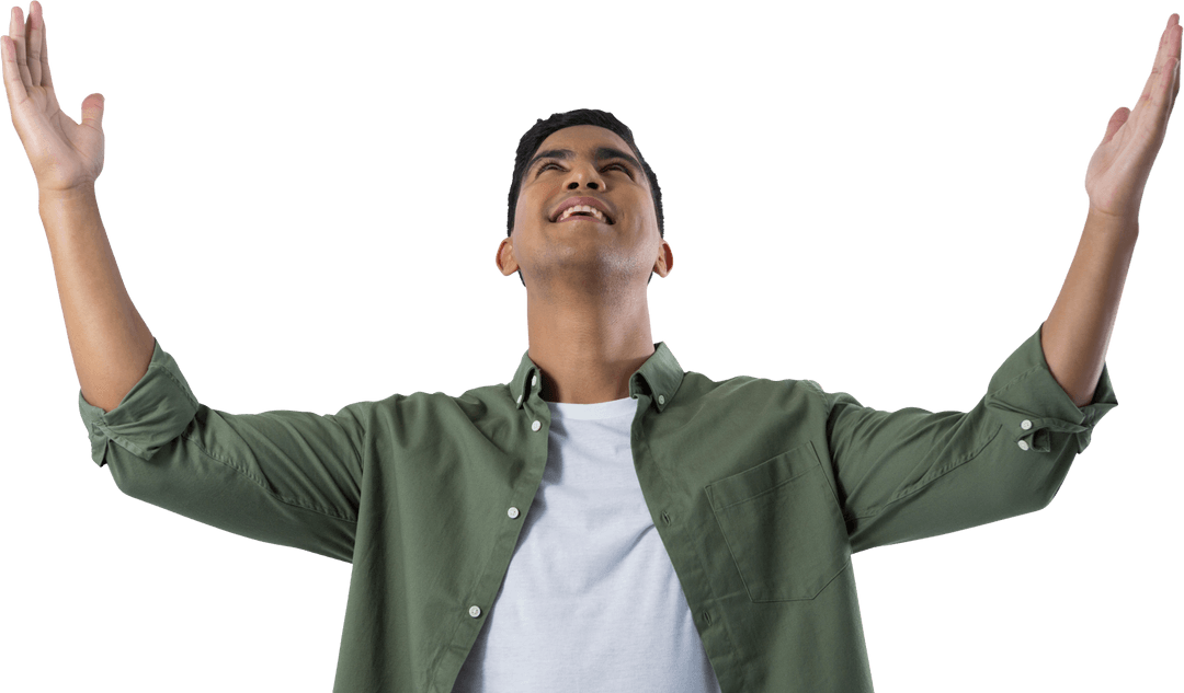 Transparent Happy Man Raising Hands in Joyful Expression