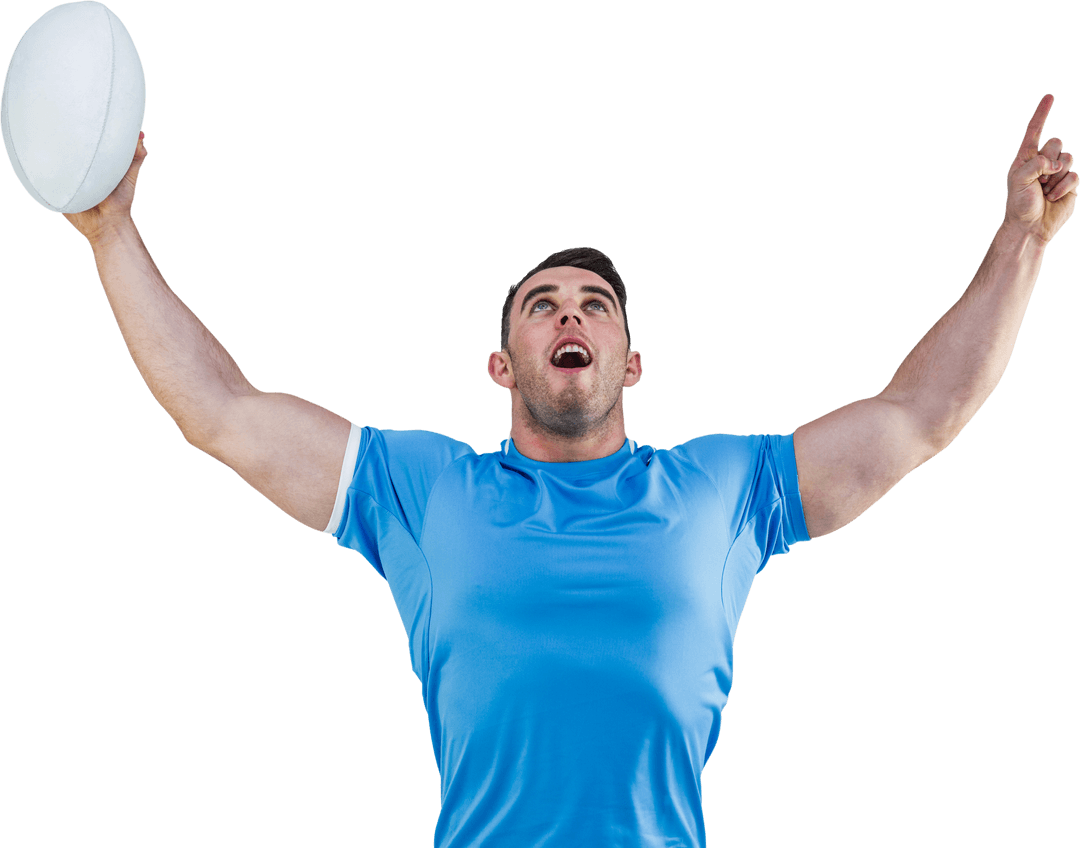 Rugby Player Celebrating with Enthusiasm on Transparent Background