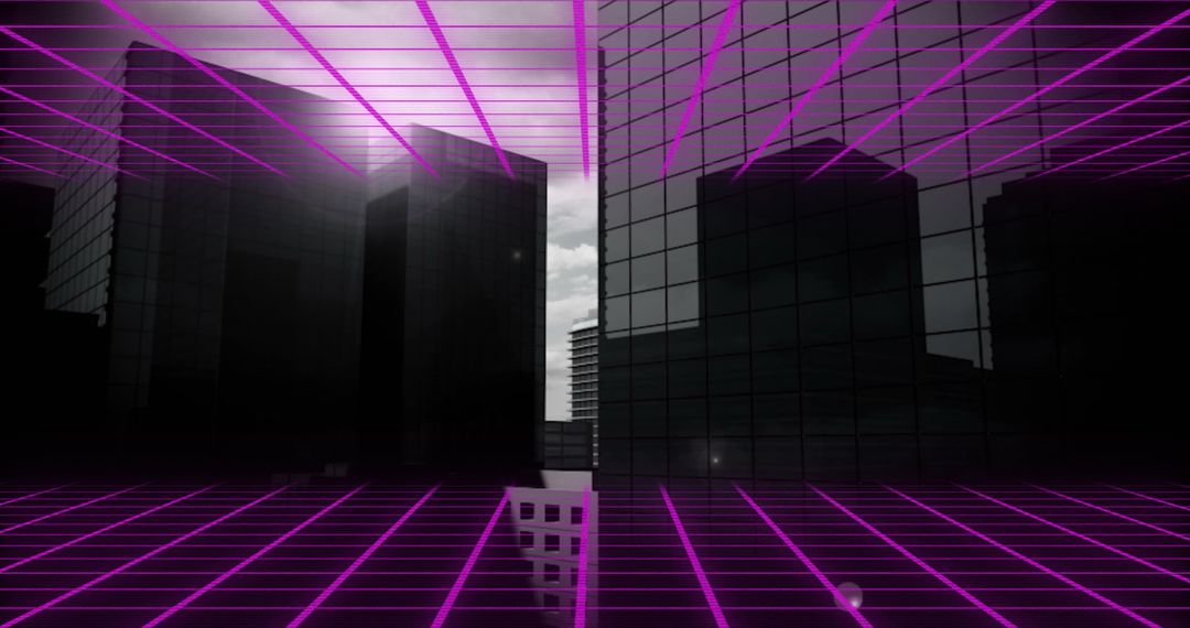 Futuristic Digital Grid Overlaying Skyscraper Cityscape