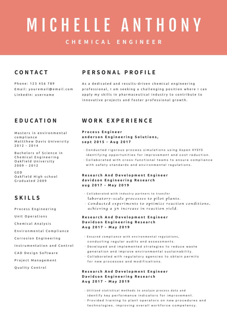 Elegant Resume of Chemical Engineer with Comprehensive Professional Overview - Download Free Stock Templates Pikwizard.com